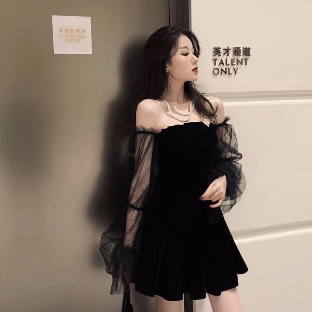Black Dress with Sheer Off the Shoulder Sleeves - Picture 2 of 5